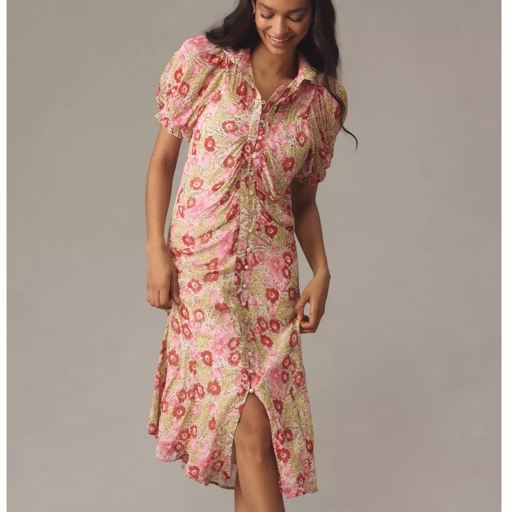 NWT By Anthropologie Puff-Sleeve Ruched Mesh Midi Shirt Dress SIZE 4P